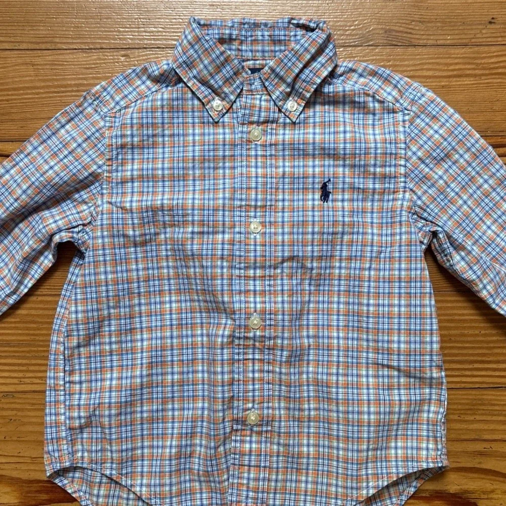 Ralph Lauren Button‎ Down Shirt Kids Blue Orange Plaid Excellent SIZE 2/2T